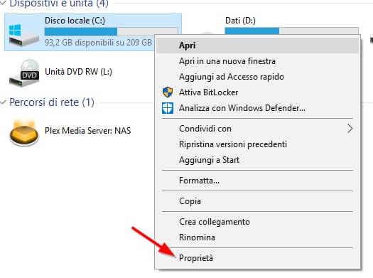 proprietà disco Windows 10