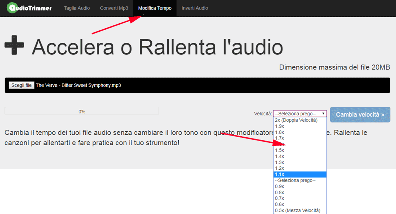 modificare velocità audio