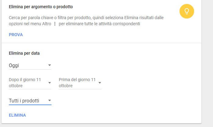 elimina per argomento o prodotto google