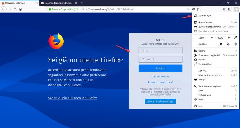 Accedi a Firefox Sync