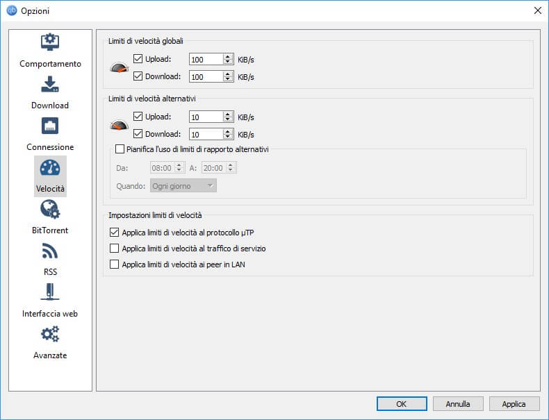 impostare limiti velocità su qbittorrent