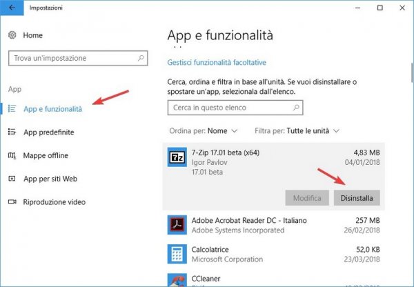 Disinstallare app e funzionalità windows 10