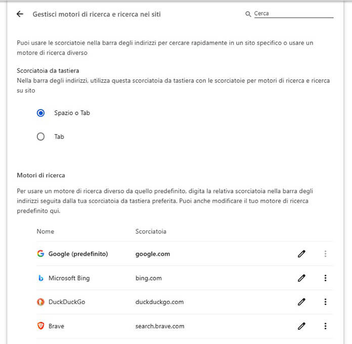 Gestisci Motori Di Ricerca Chrome