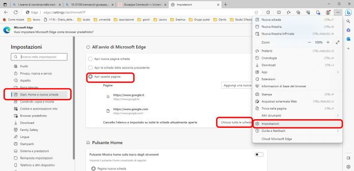 Apire sempre le stesse pagine all'avvio di Edge