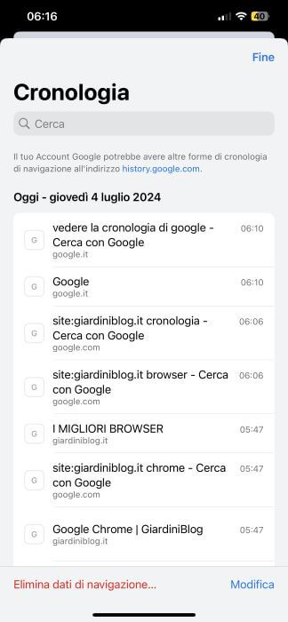 App Chrome Scheda Cronologia