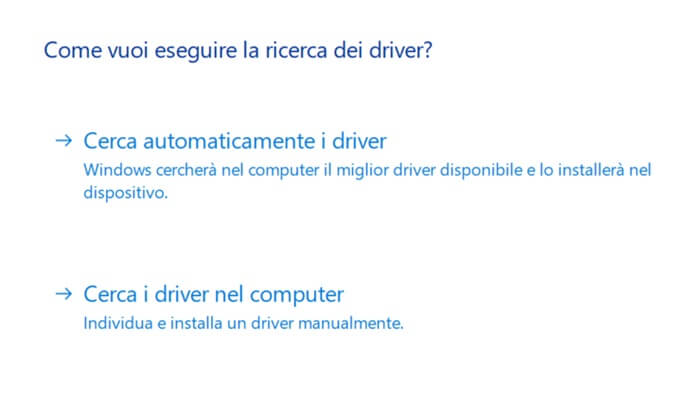 Ricerca Driver Gestione Dispositivi Windows