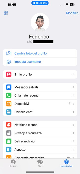 Schermata Principale App Telegram