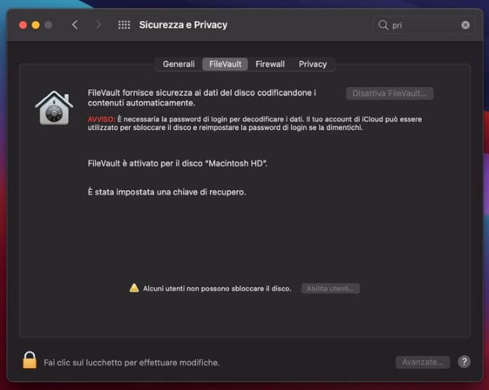 Sicurezza E Privacy Mac Filevault