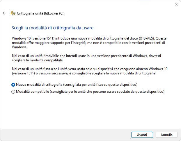 Modalità Crittografia Windows 11